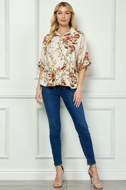Dolman Sleeve Elastic Waist Popover Blouse in Cream/Rust/Olive