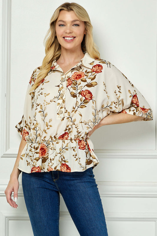 Dolman Sleeve Elastic Waist Popover Blouse in Cream/Rust/Olive