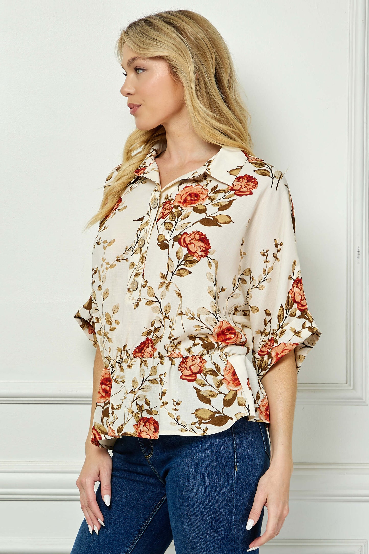 Dolman Sleeve Elastic Waist Popover Blouse in Cream/Rust/Olive