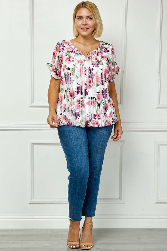 Step Sleeve Cutout Trim Bubble Blouse in Pink - Plus