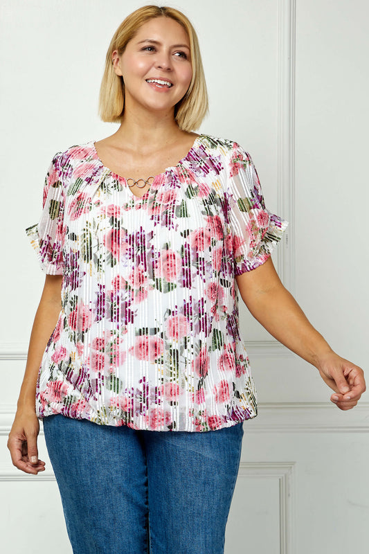 Step Sleeve Cutout Trim Bubble Blouse in Pink - Plus
