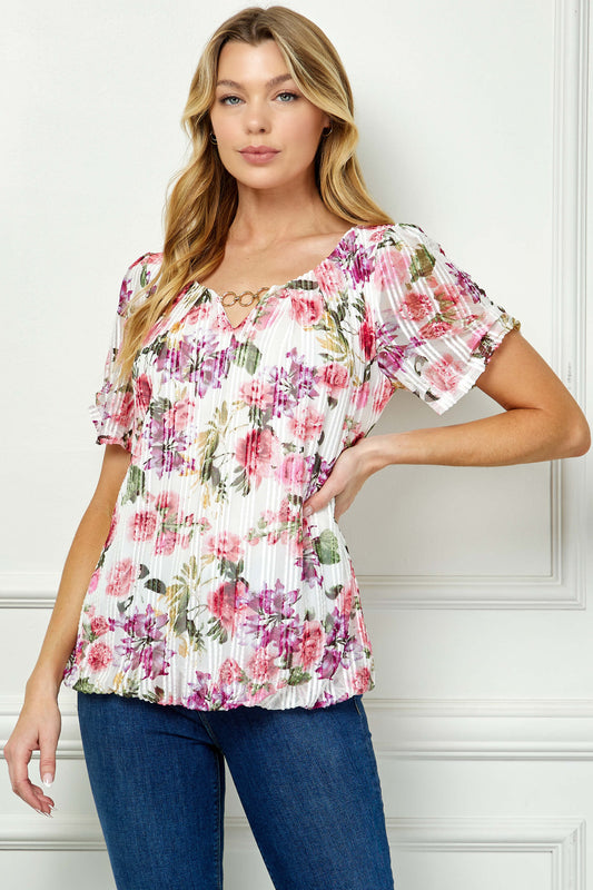 Step Sleeve Cutout Trim Bubble Blouse in Pink