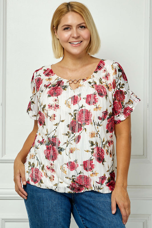 Step Sleeve Cutout Neck Ring Trim Bubble Blouse in Ivory - Plus