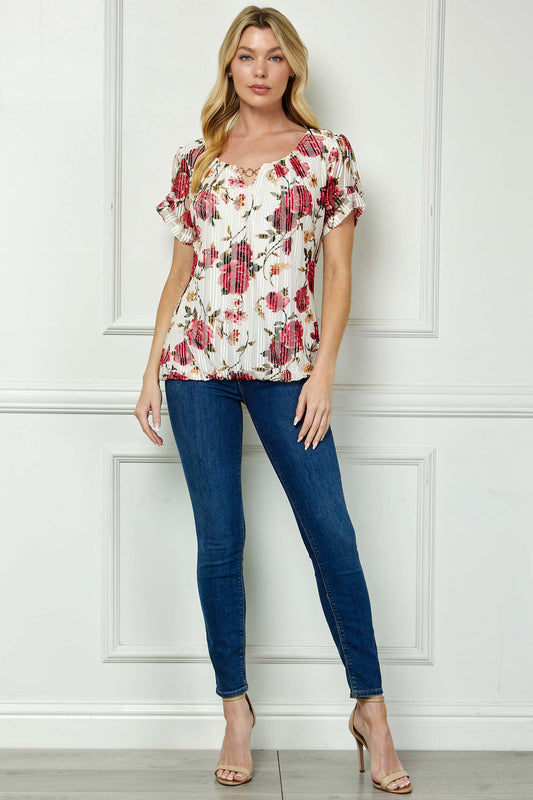 Step Sleeve Cutout Neck Ring Trim Bubble Blouse in Ivory