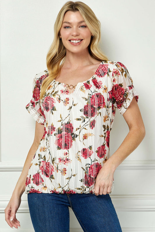 Step Sleeve Cutout Neck Ring Trim Bubble Blouse in Ivory