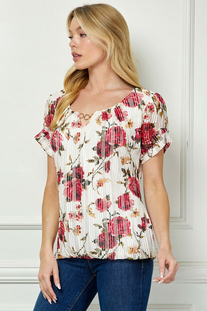 Step Sleeve Cutout Neck Ring Trim Bubble Blouse in Ivory