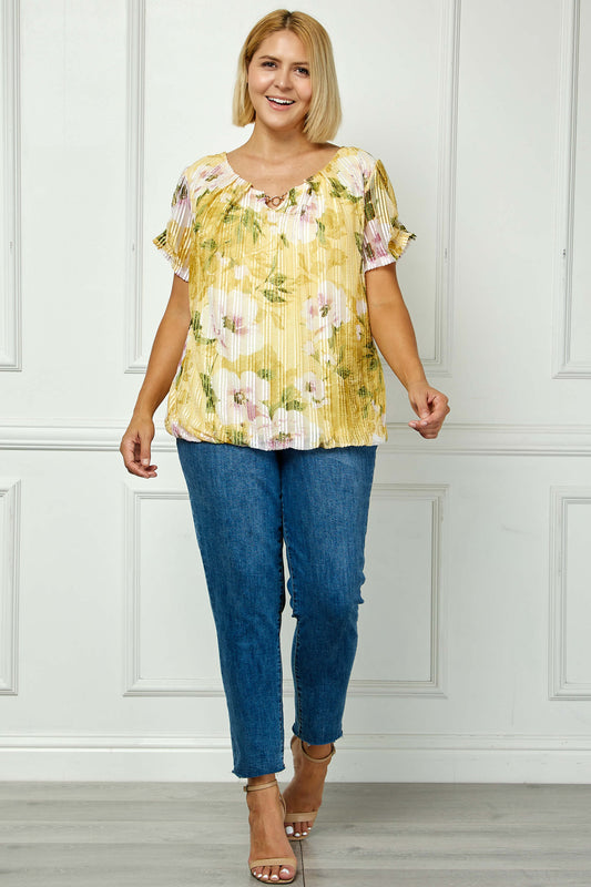 Step Sleeve Cutout Trim Bubble Blouse in Yellow - Plus