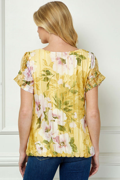 Step Sleeve Cutout Trim Bubble Blouse in Yellow