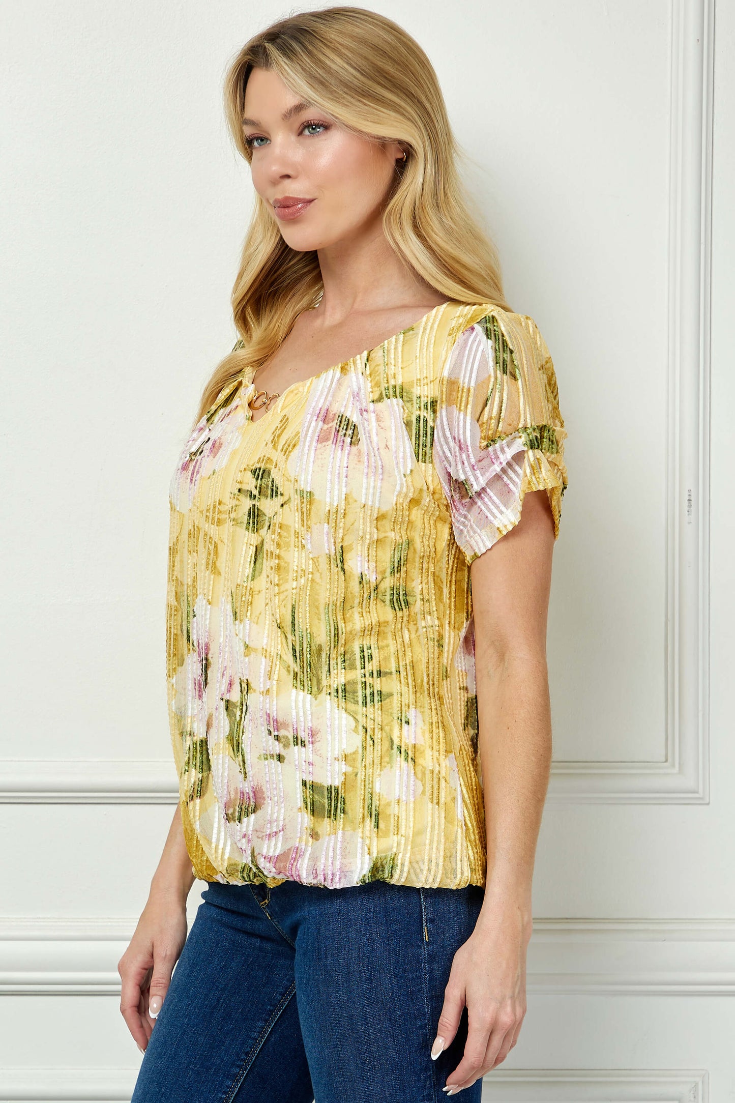 Step Sleeve Cutout Trim Bubble Blouse in Yellow