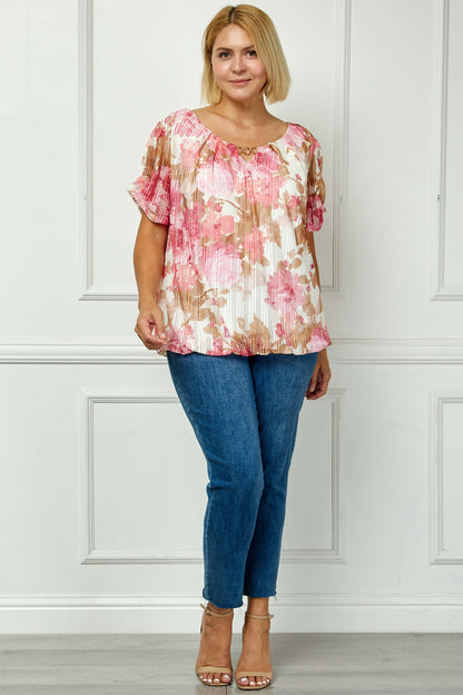 Step Sleeve Cutout Neck Ring Trim Bubble Blouse in Ivory/Pink - Plus