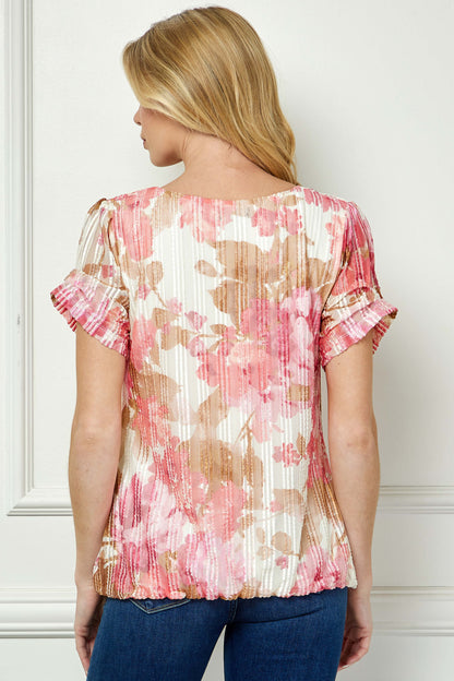 Step Sleeve Cutout Neck Ring Trim Bubble Blouse in Ivory/Pink