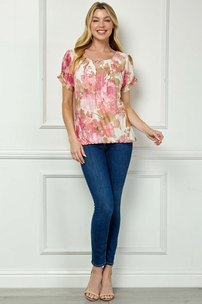 Step Sleeve Cutout Neck Ring Trim Bubble Blouse in Ivory/Pink