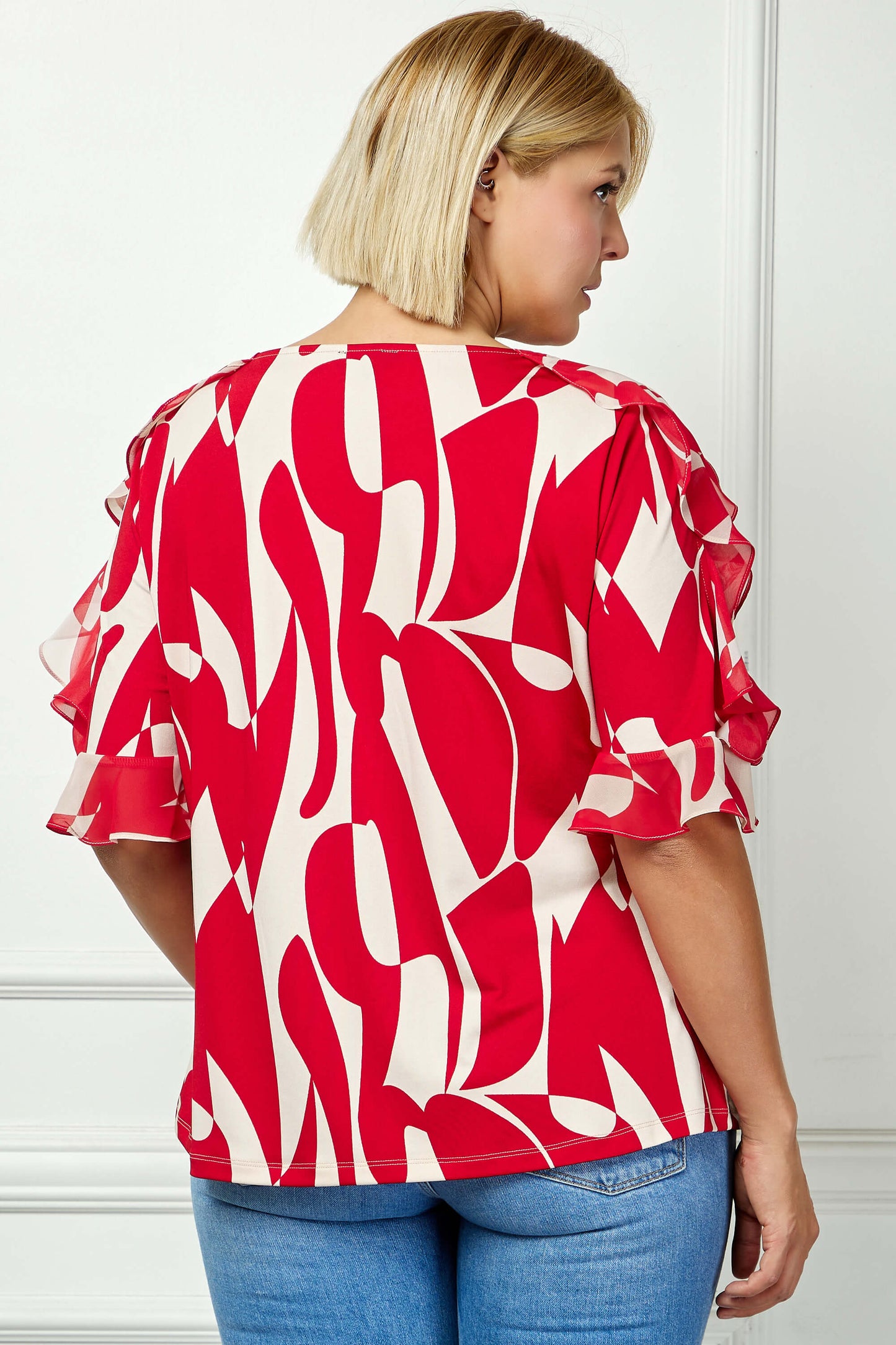 Ruffle Cold Shoulder Boat Neck Blouse in Red/Tan - Plus