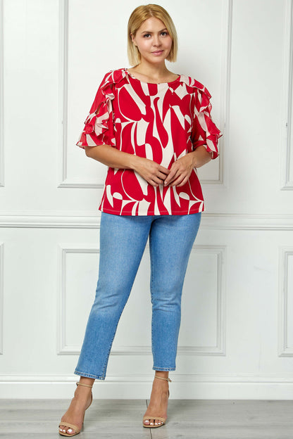 Ruffle Cold Shoulder Boat Neck Blouse in Red/Tan - Plus