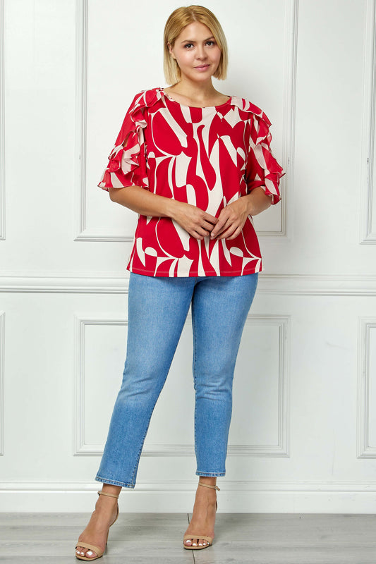 Ruffle Cold Shoulder Boat Neck Blouse in Red/Tan - Plus
