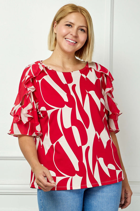Ruffle Cold Shoulder Boat Neck Blouse in Red/Tan - Plus