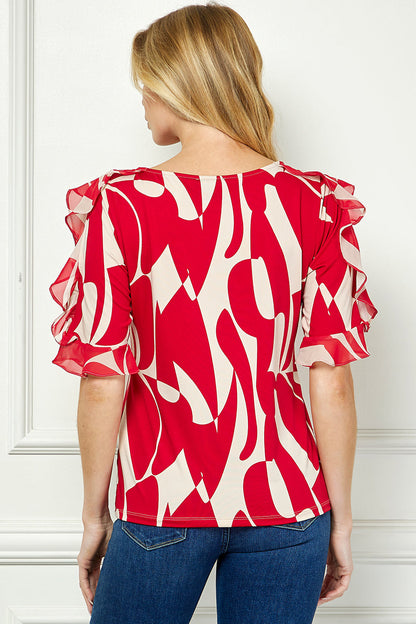 Ruffle Cold Shoulder Boat Neck Blouse in Red/Tan