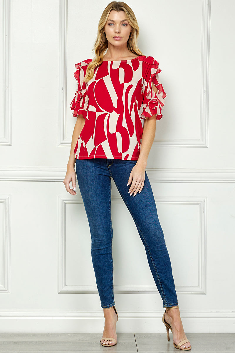 Ruffle Cold Shoulder Boat Neck Blouse in Red/Tan