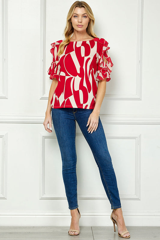 Ruffle Cold Shoulder Boat Neck Blouse in Red/Tan