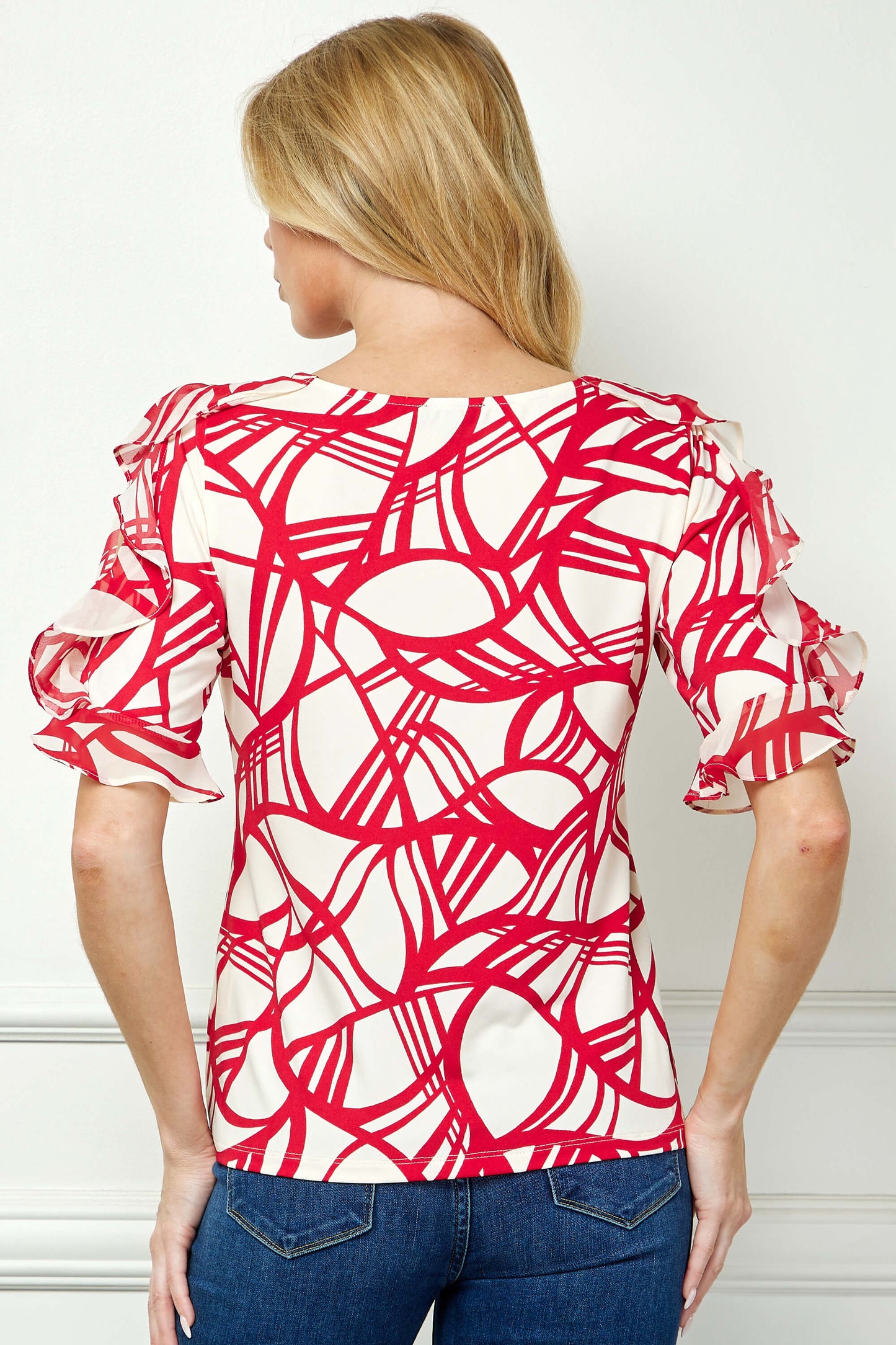 Ruffle Cold Shoulder Boat Neck Blouse in Cream/Red