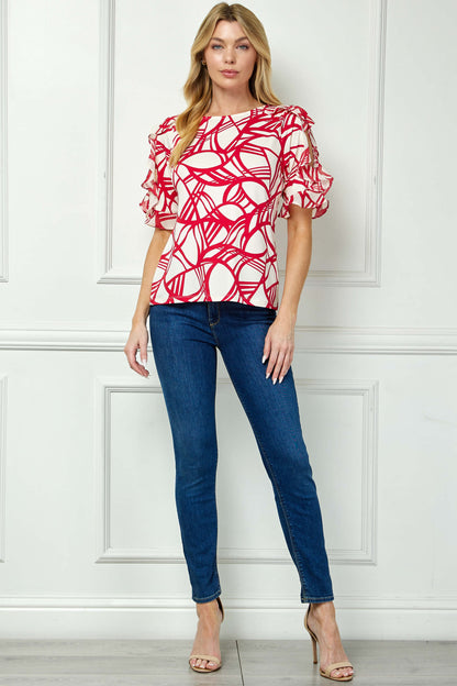 Ruffle Cold Shoulder Boat Neck Blouse in Cream/Red