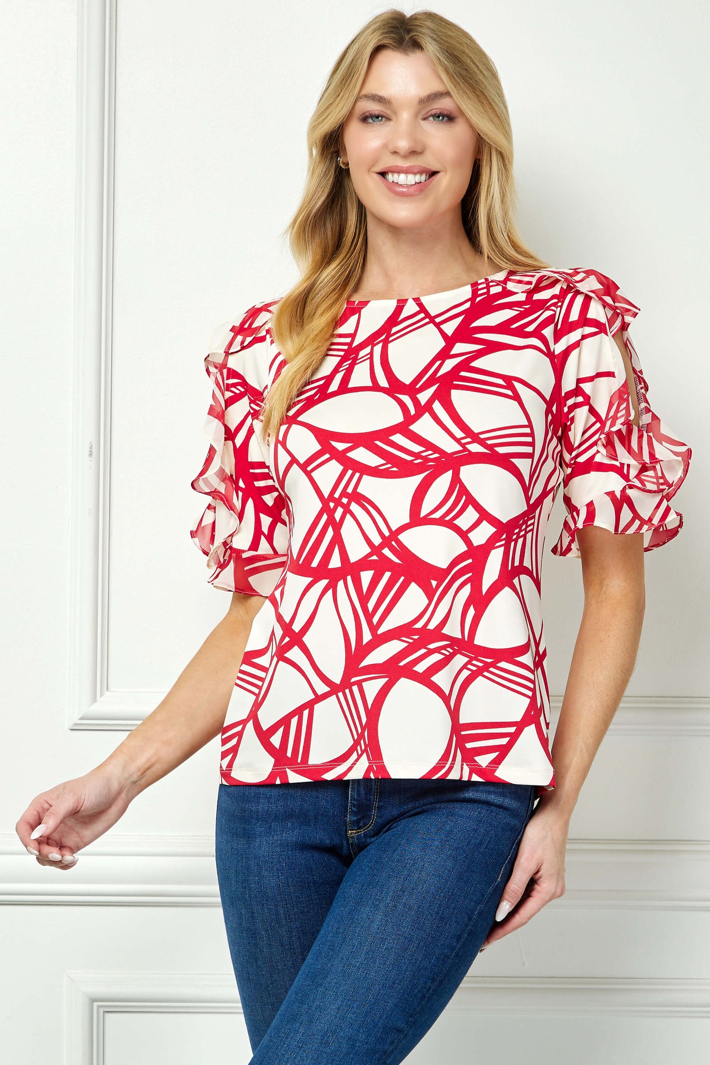 Ruffle Cold Shoulder Boat Neck Blouse in Cream/Red