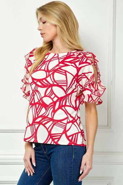 Ruffle Cold Shoulder Boat Neck Blouse in Cream/Red