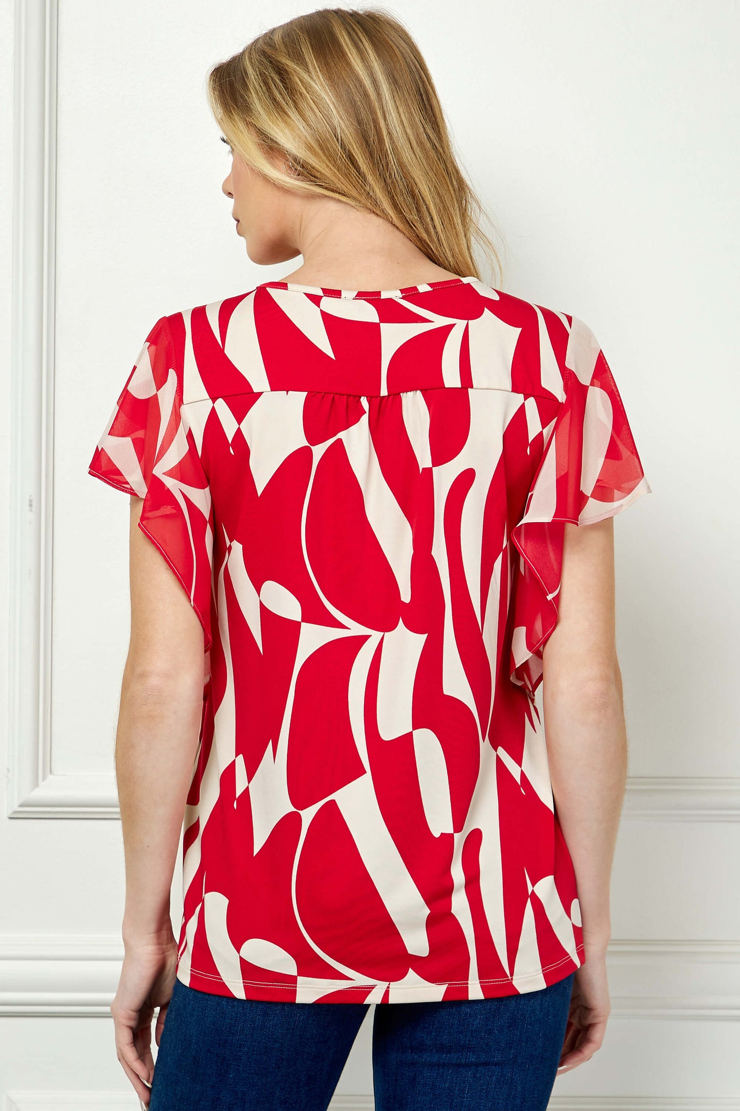Flutter Sleeve Cutout Neck Blouse with Removable Trim in Red