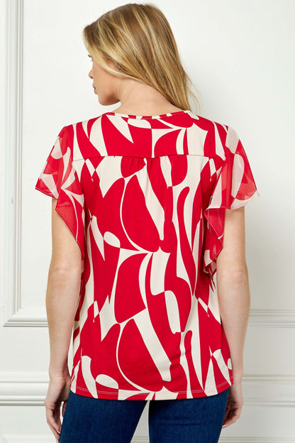 Flutter Sleeve Cutout Neck Blouse with Removable Trim in Red