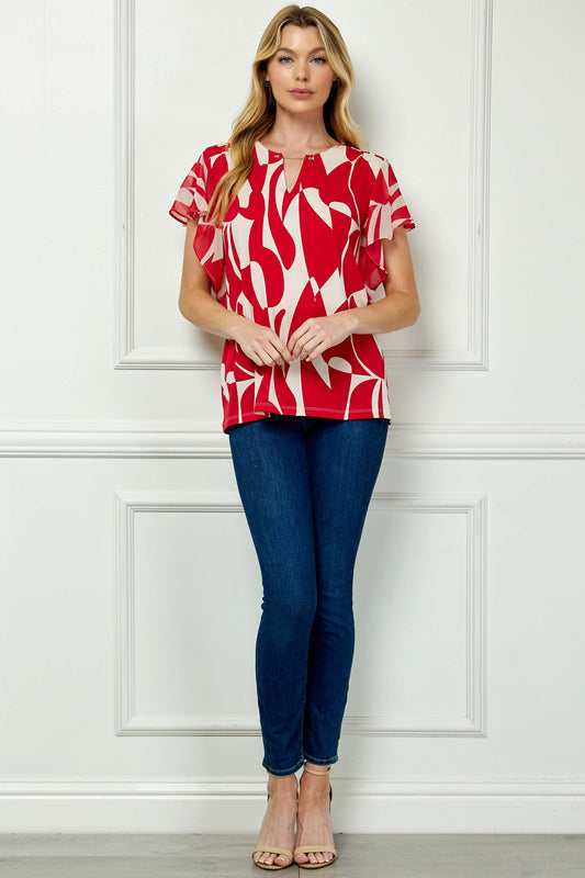 Flutter Sleeve Cutout Neck Blouse with Removable Trim in Red