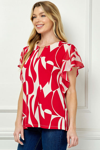 Flutter Sleeve Cutout Neck Blouse with Removable Trim in Red