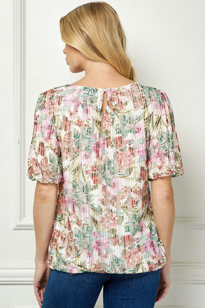 Short Puff Sleeve Pleat Scoop Neck Lined Bubble Blouse in Ivory/Olive/Rust