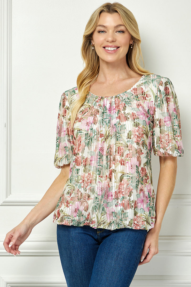 Short Puff Sleeve Pleat Scoop Neck Lined Bubble Blouse in Ivory/Olive/Rust