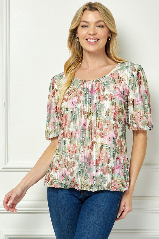 Short Puff Sleeve Pleat Scoop Neck Lined Bubble Blouse in Ivory/Olive/Rust