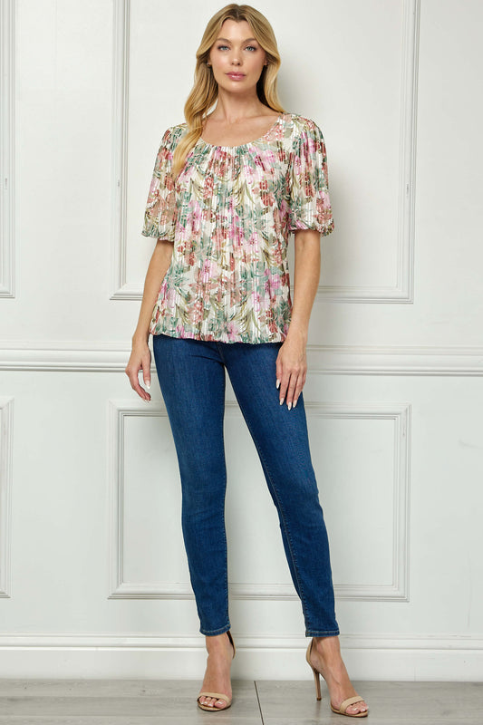 Short Puff Sleeve Pleat Scoop Neck Lined Bubble Blouse in Ivory/Olive/Rust