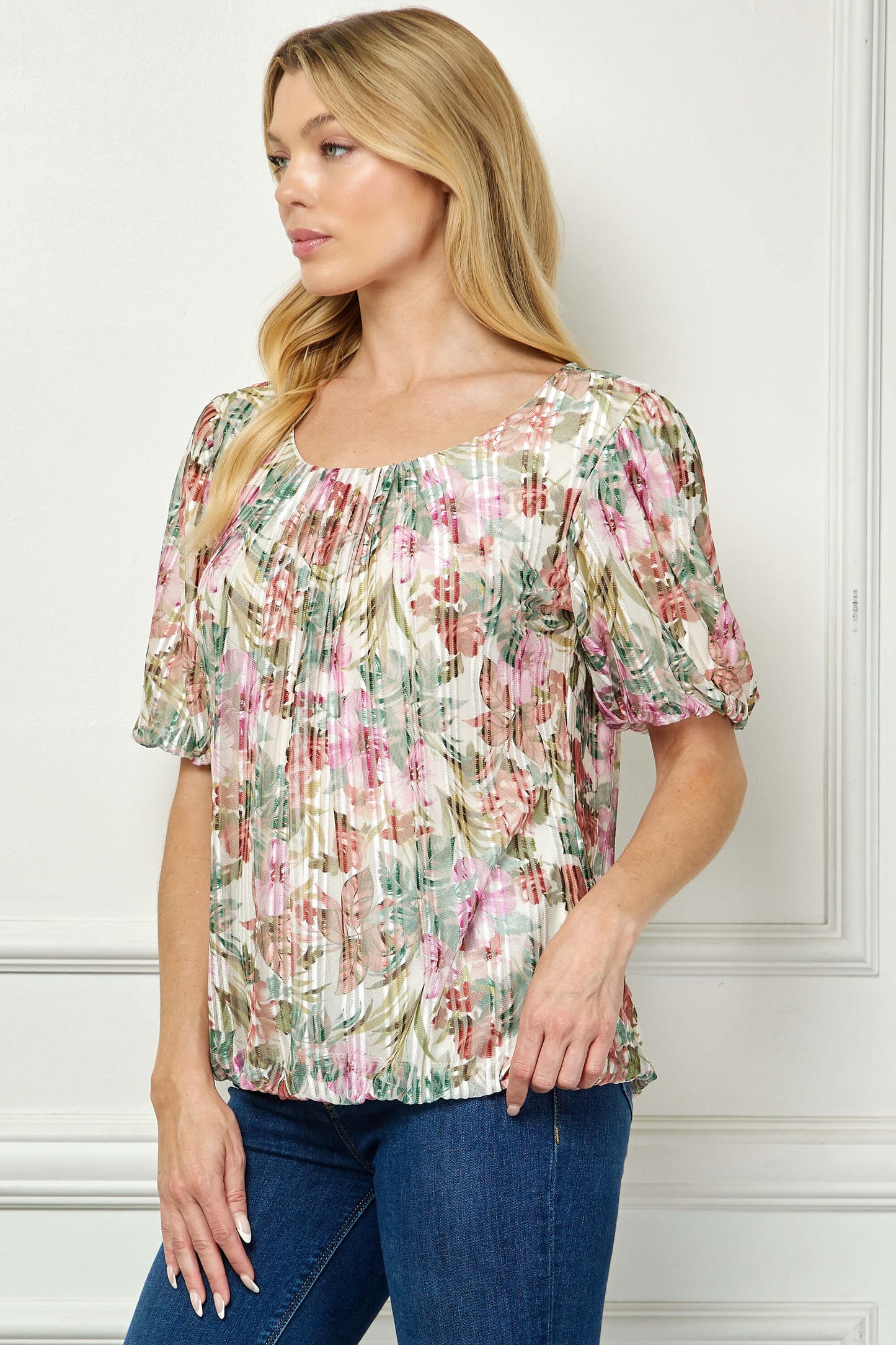 Short Puff Sleeve Pleat Scoop Neck Lined Bubble Blouse in Ivory/Olive/Rust