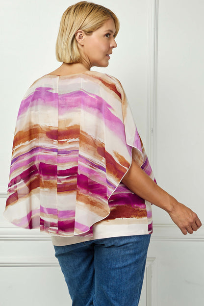 Scoop Neck Cutout Trim Poncho Top in Tan/Purple/Brown - Plus