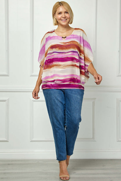 Scoop Neck Cutout Trim Poncho Top in Tan/Purple/Brown - Plus