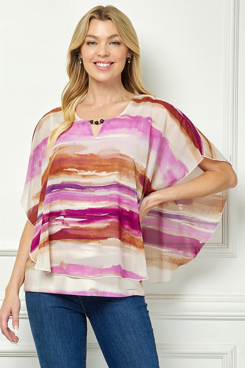 Scoop Neck Cutout Trim Poncho Top in Tan/Purple/Brown
