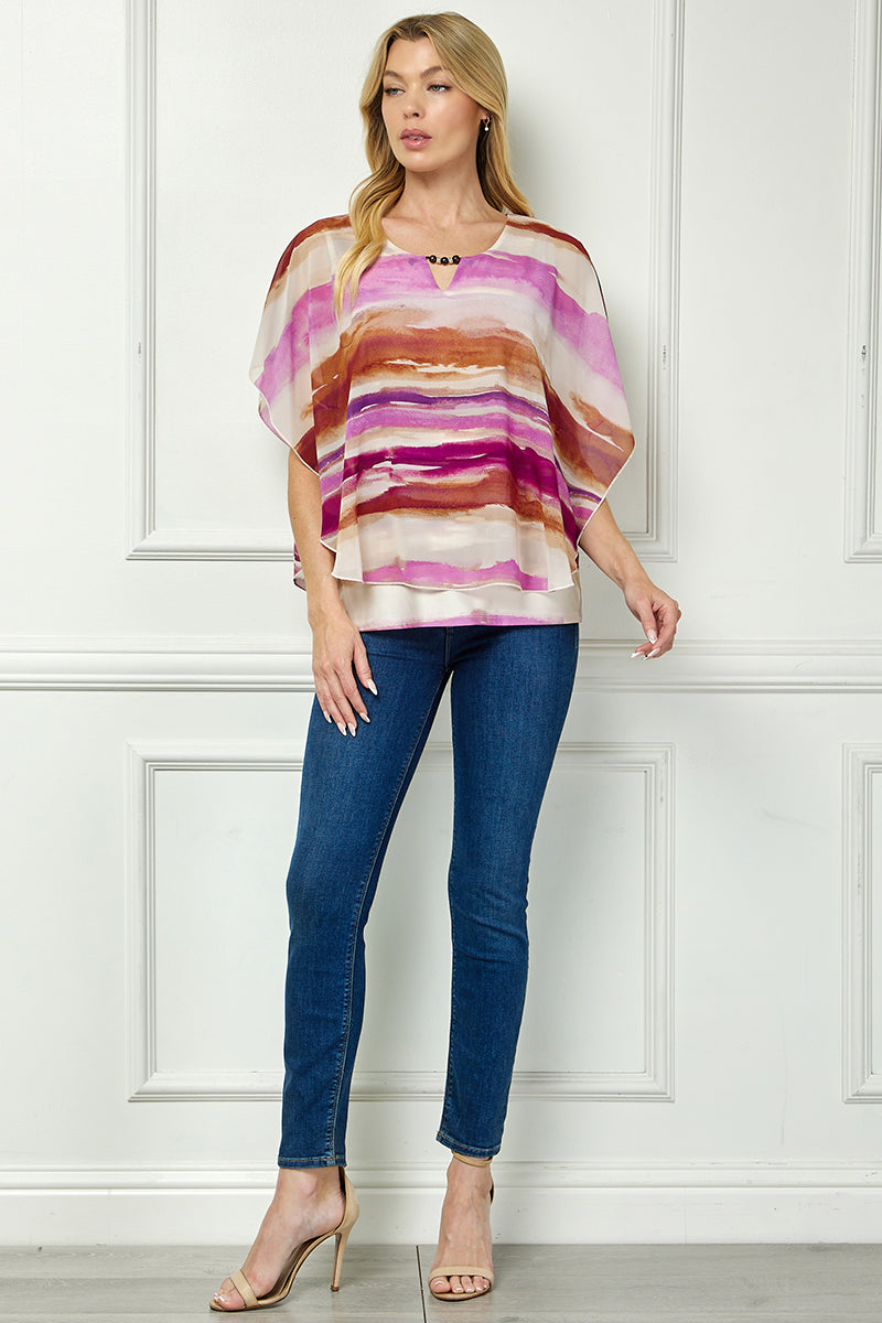 Scoop Neck Cutout Trim Poncho Top in Tan/Purple/Brown