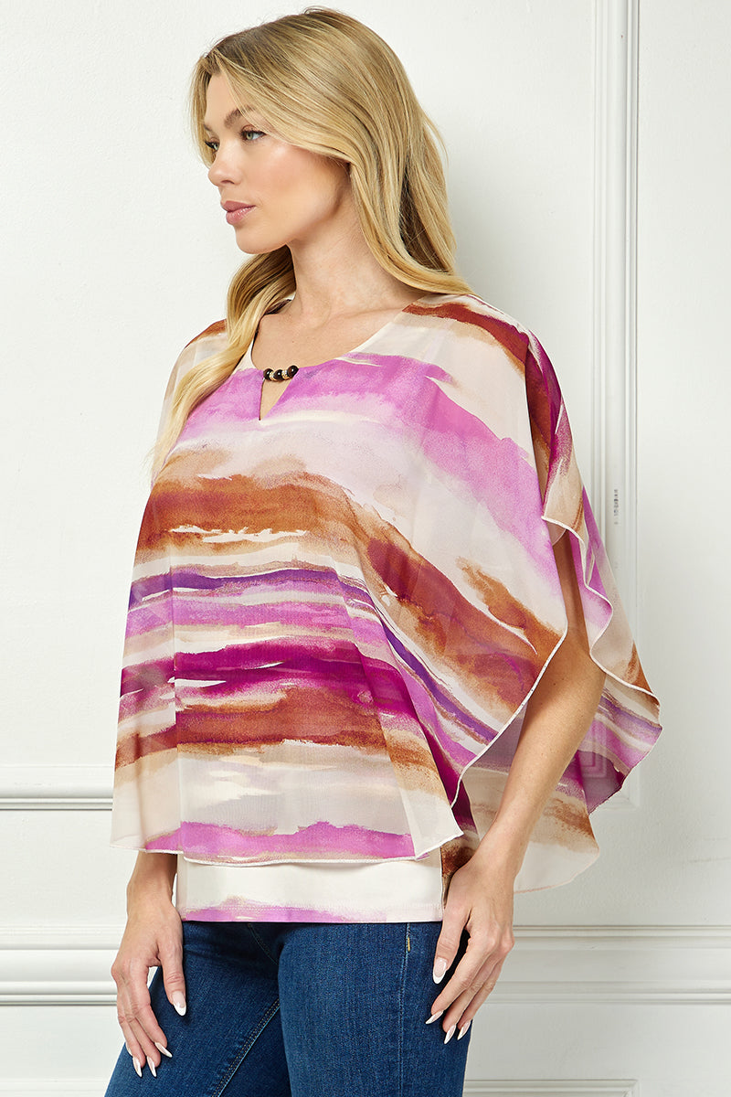 Scoop Neck Cutout Trim Poncho Top in Tan/Purple/Brown