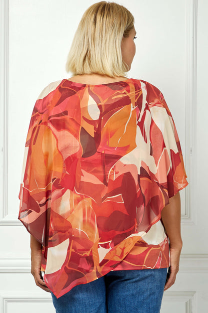 Cold Shoulder V-Neck Hanky Hem Poncho Top in Ivory/Marigold/Orange - Plus