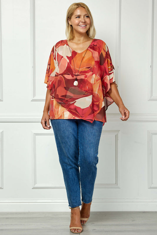 Cold Shoulder V-Neck Hanky Hem Poncho Top in Ivory/Marigold/Orange - Plus