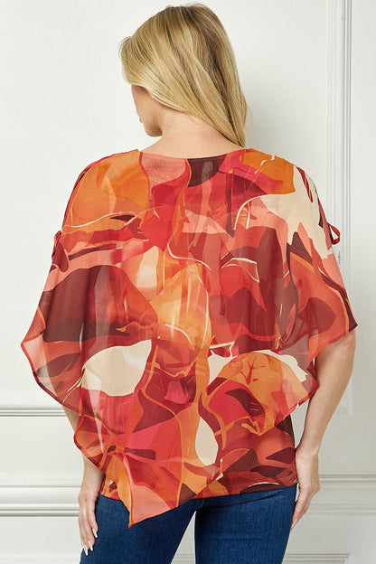 Cold Shoulder V-Neck Hanky Hem Poncho Top in Ivory/Marigold/Orange