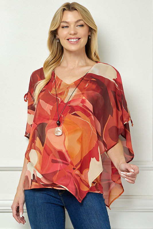 Cold Shoulder V-Neck Hanky Hem Poncho Top in Ivory/Marigold/Orange