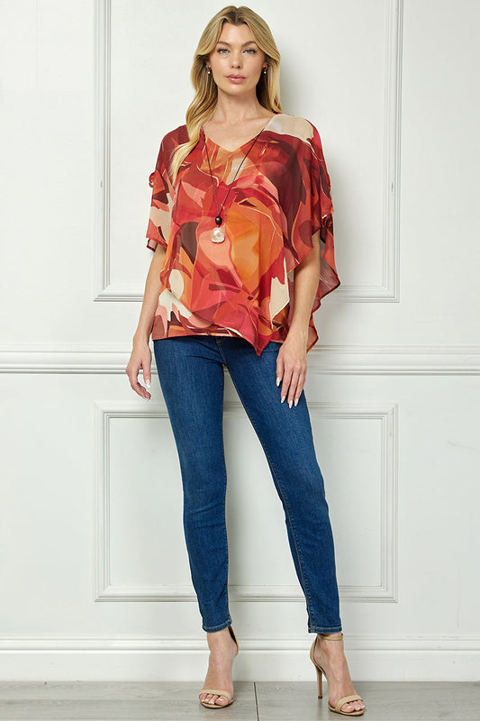 Cold Shoulder V-Neck Hanky Hem Poncho Top in Ivory/Marigold/Orange