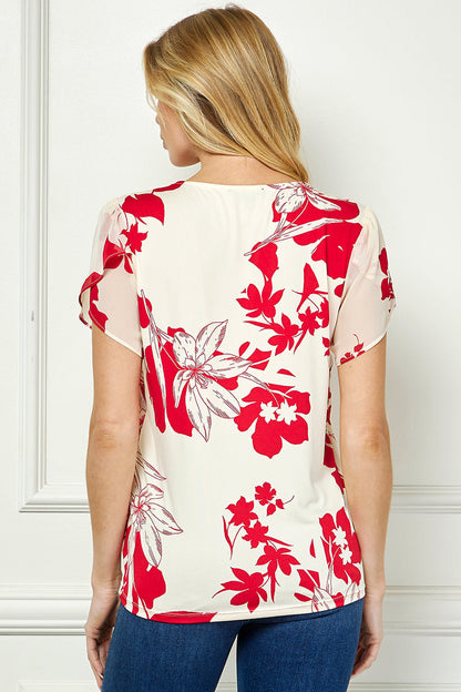 Tulip Sleeve V-Neck Layered Front Blouse in Red/Cream