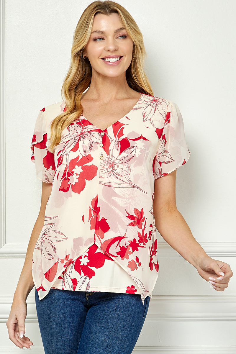 Tulip Sleeve V-Neck Layered Front Blouse in Red/Cream
