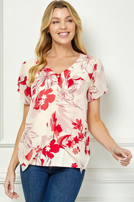 Tulip Sleeve V-Neck Layered Front Blouse in Red/Cream