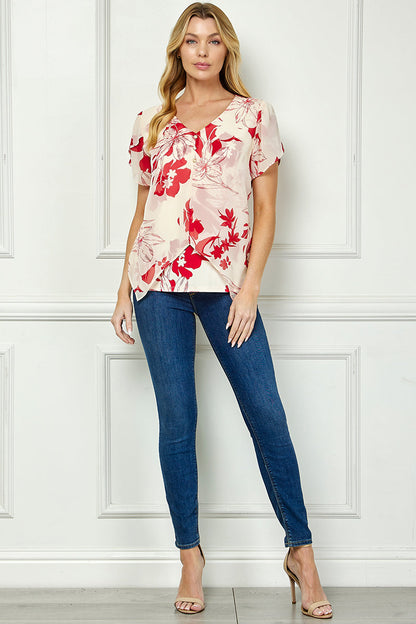 Tulip Sleeve V-Neck Layered Front Blouse in Red/Cream